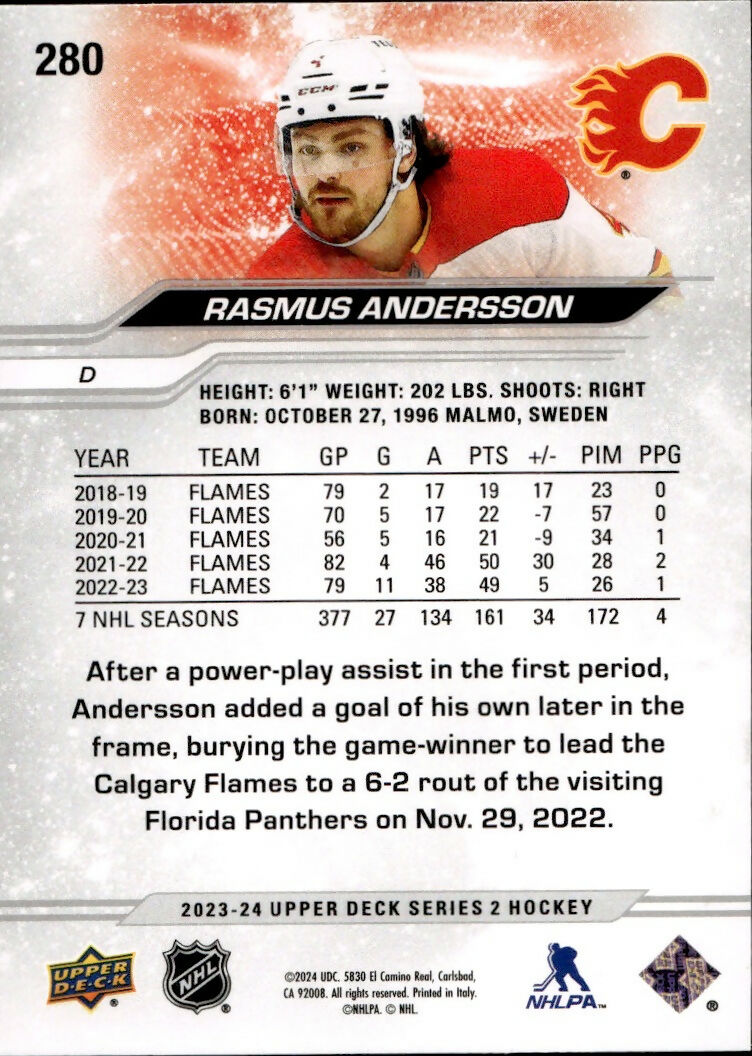 2023-24 Upper Deck Series 2 Hockey - Base #280 Rasmus Andersson - Calgary Flames - B