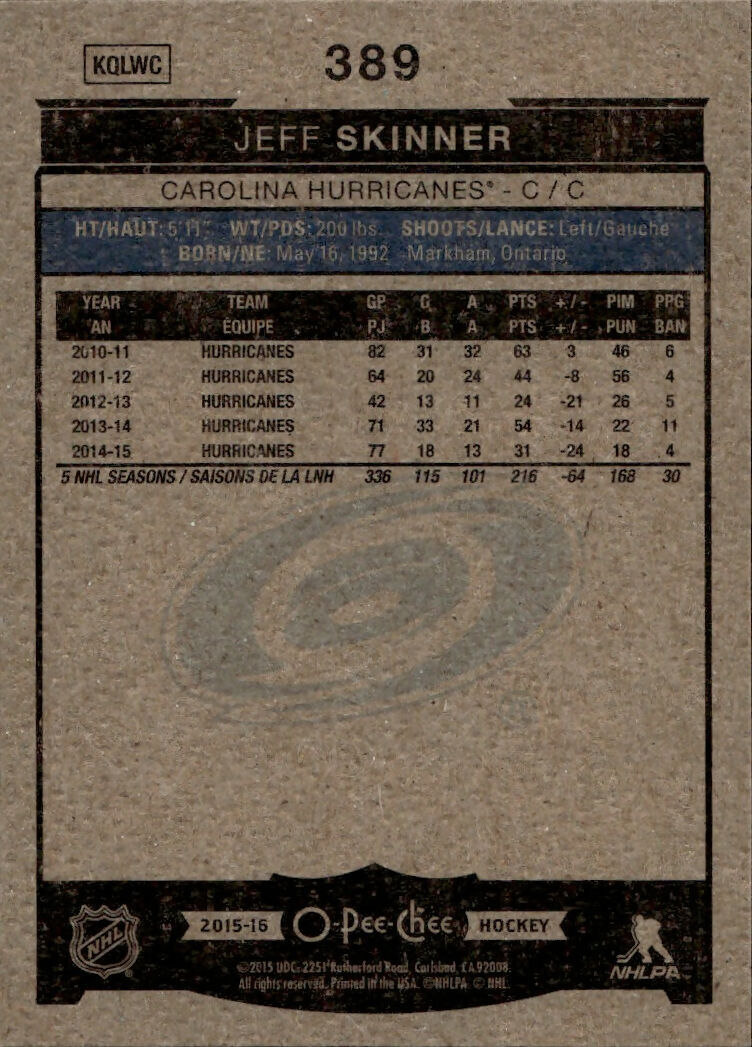 2015-16 Upper Deck O-Pee-Chee Hockey - Base #389 Jeff Skinner - Carolina Hurricanes