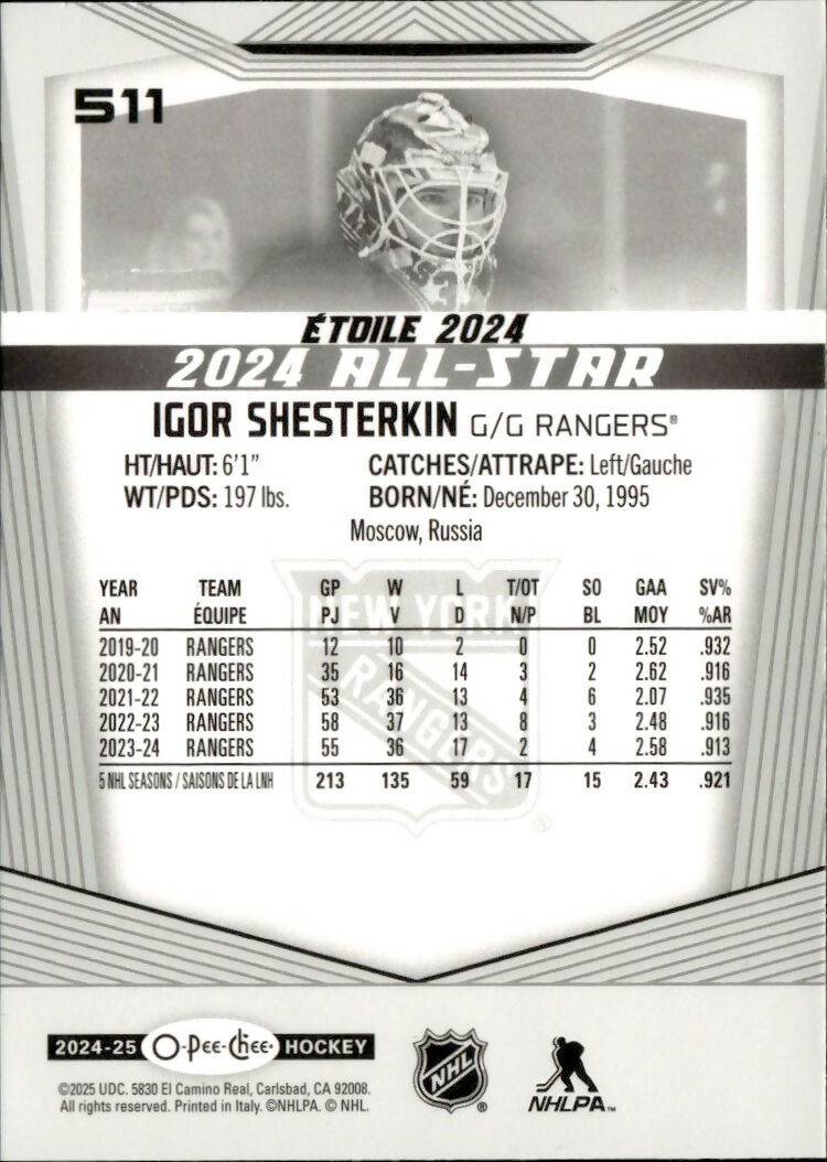 2024-25 Upper Deck O-Pee-Chee - Base - All Star #511 Igor Shesterkin - New York Rangers - B