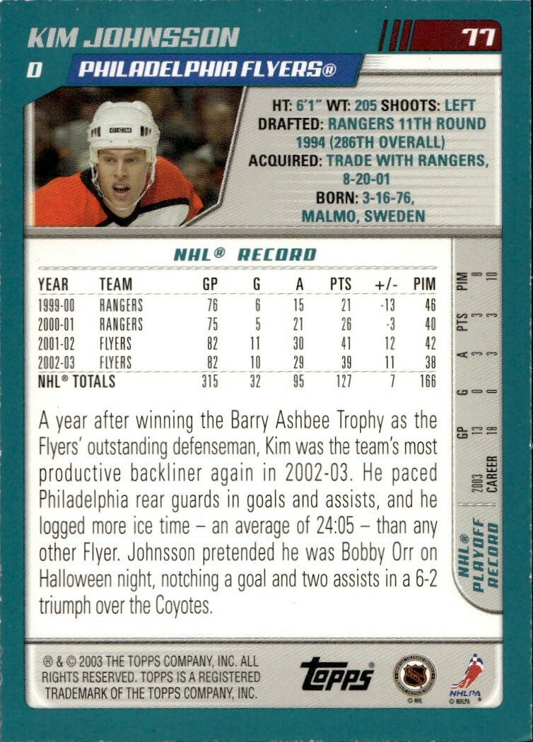 2003-04 O-Pee-Chee - Base - Blue :500 #77 Kim Johnsson - Philadelphia Flyers - B