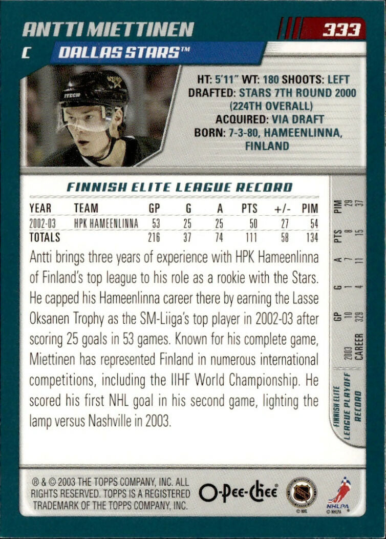 2003-04 O-Pee-Chee - Base #333 Antti Miettinen - Dallas Stars - B