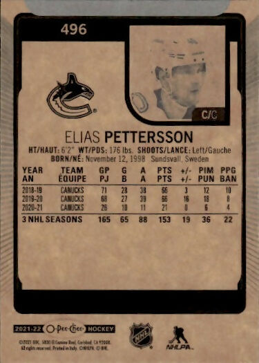 2021-22 Upper Deck O-Pee-Chee Hockey - Base #496 Elias Pettersson - Vancouver Canucks