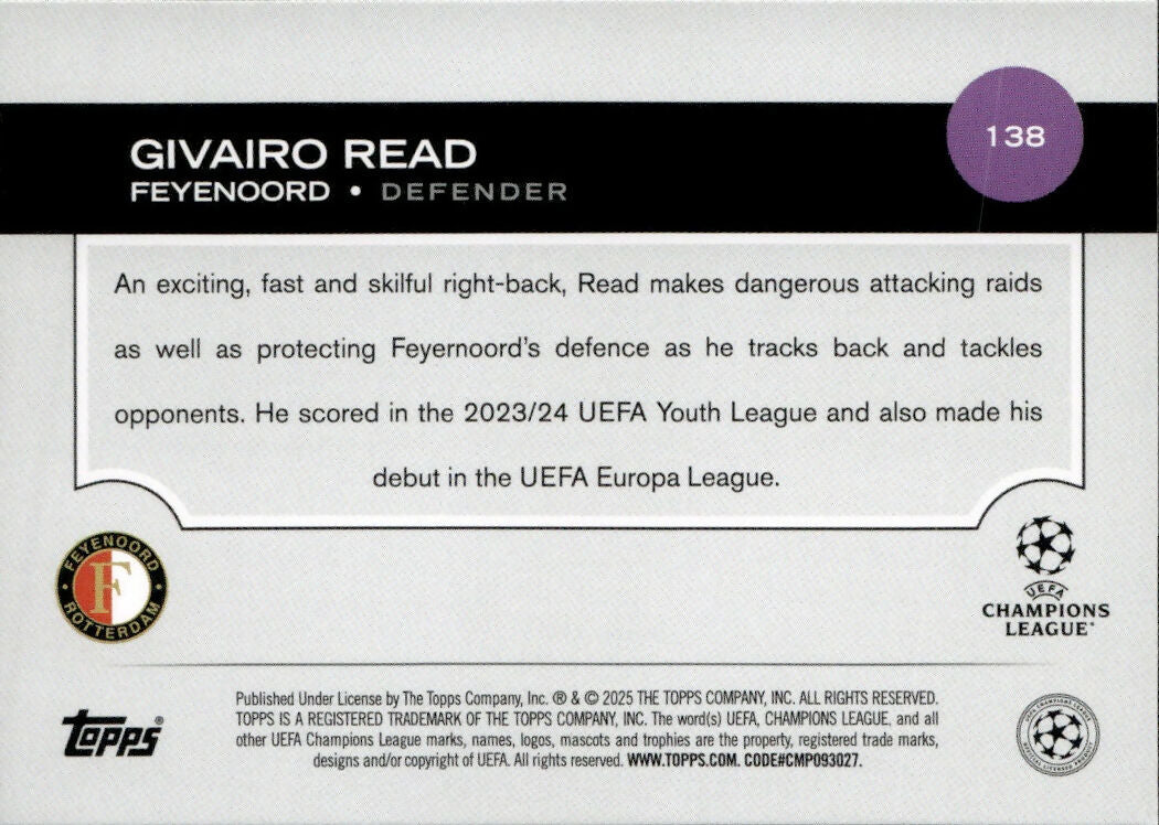 2024-25 Topps UEFA Club Competitions - Base #138 Givairo Read - Feyenoord - B