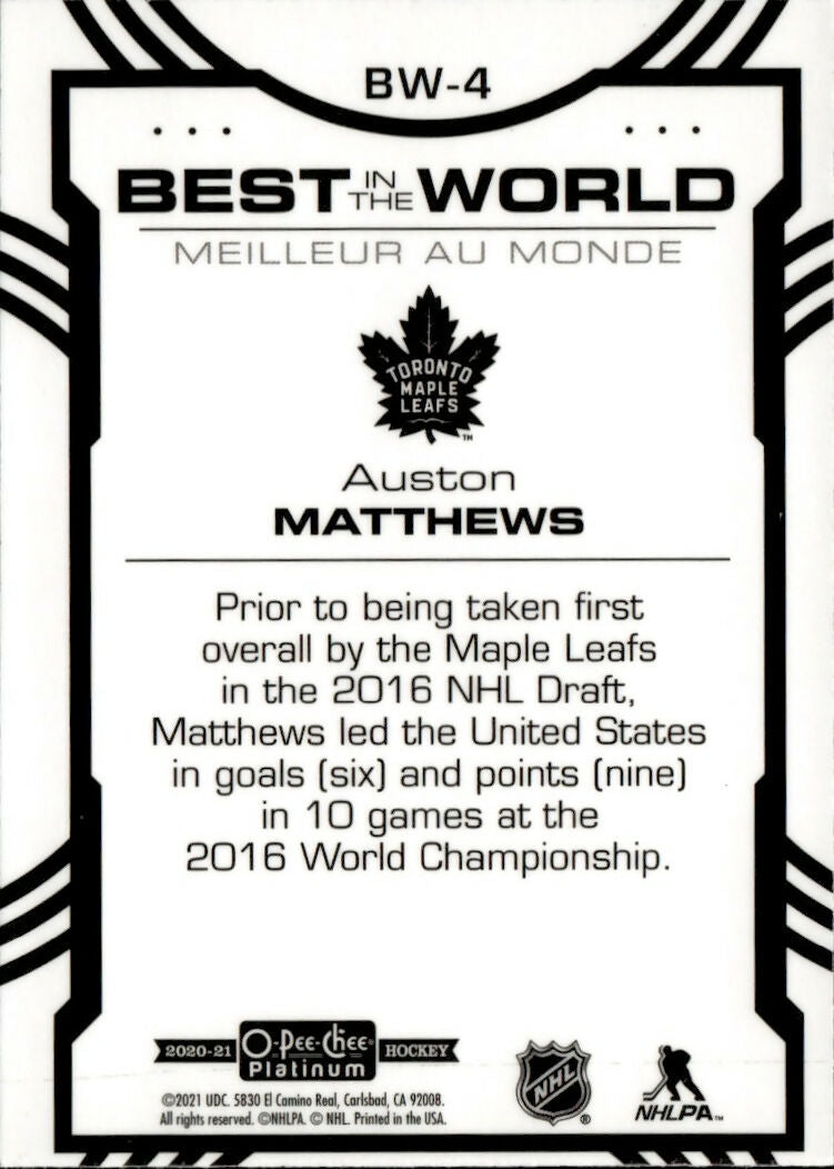 2020-21 Upper Deck O-Pee-Chee Platinum Hockey - Best In The World #BW-4 Auston Matthews - Toronto Maple Leafs