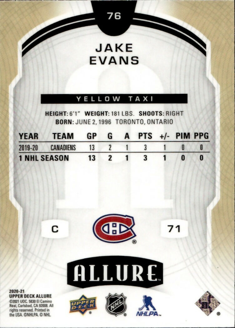 2020-21 Upper Deck Allure Hockey - Base - Yellow Taxi #76 Jake Evans - Montreal Canadiens - B