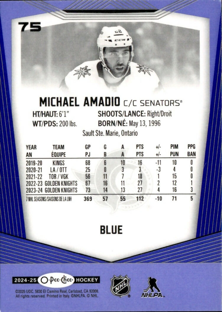 2024-25 Upper Deck O-Pee-Chee - Base - Blue #75 Michael Amadio - Ottawa Senators - B