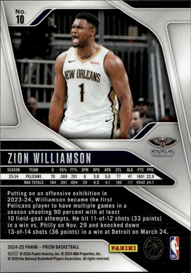 2024-25 Panini Prizm Basketball - Base #10 Zion Williams - New Orleans Pelicans - B