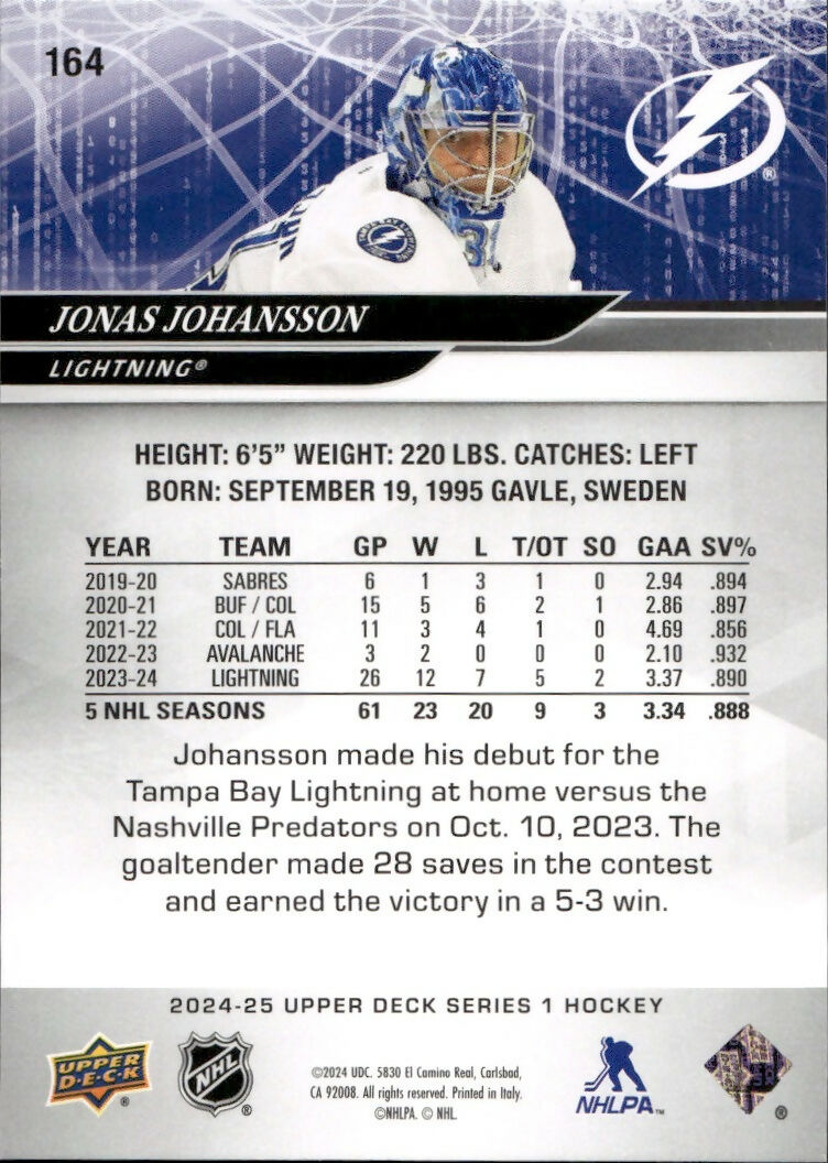 2024-25 Upper Deck Series 1 Hockey - Base #164 Jonas Johansson - Tampa Bay Lightning