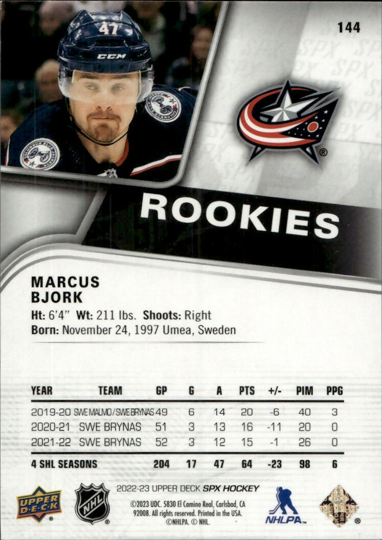 2022-23 Upper Deck SPX Hockey - Base - Rookies :299 #144 Marcus Bjork - Columbus Blue Jackets - B