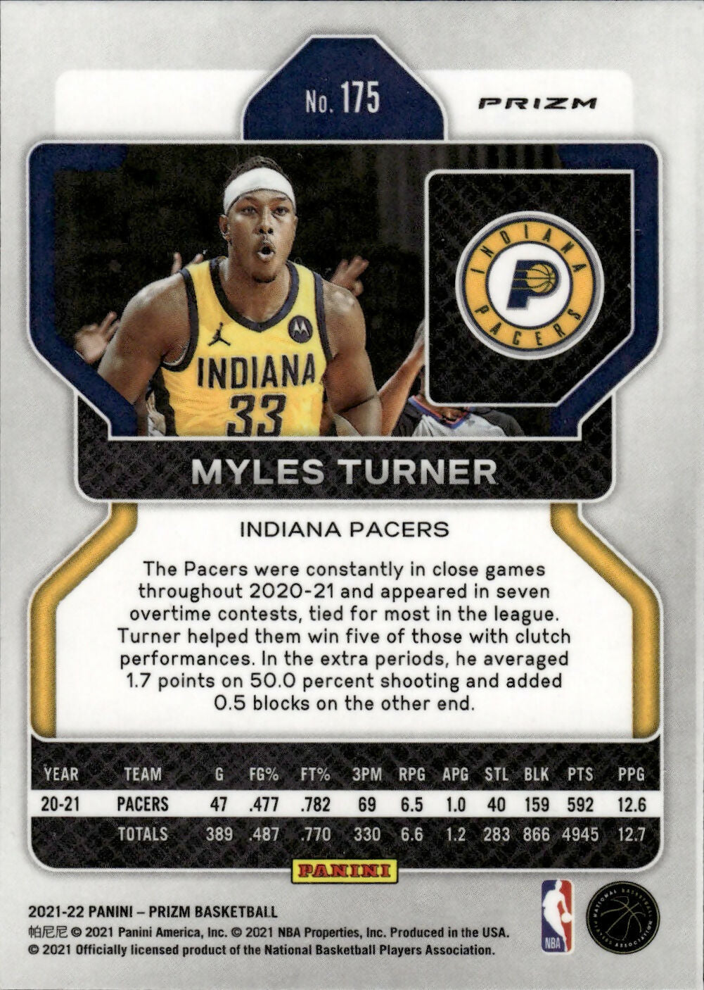 2021-22 Panini Prizm Basketball - Base - Prizm # 175 Myles Turner - Indiana Pacers