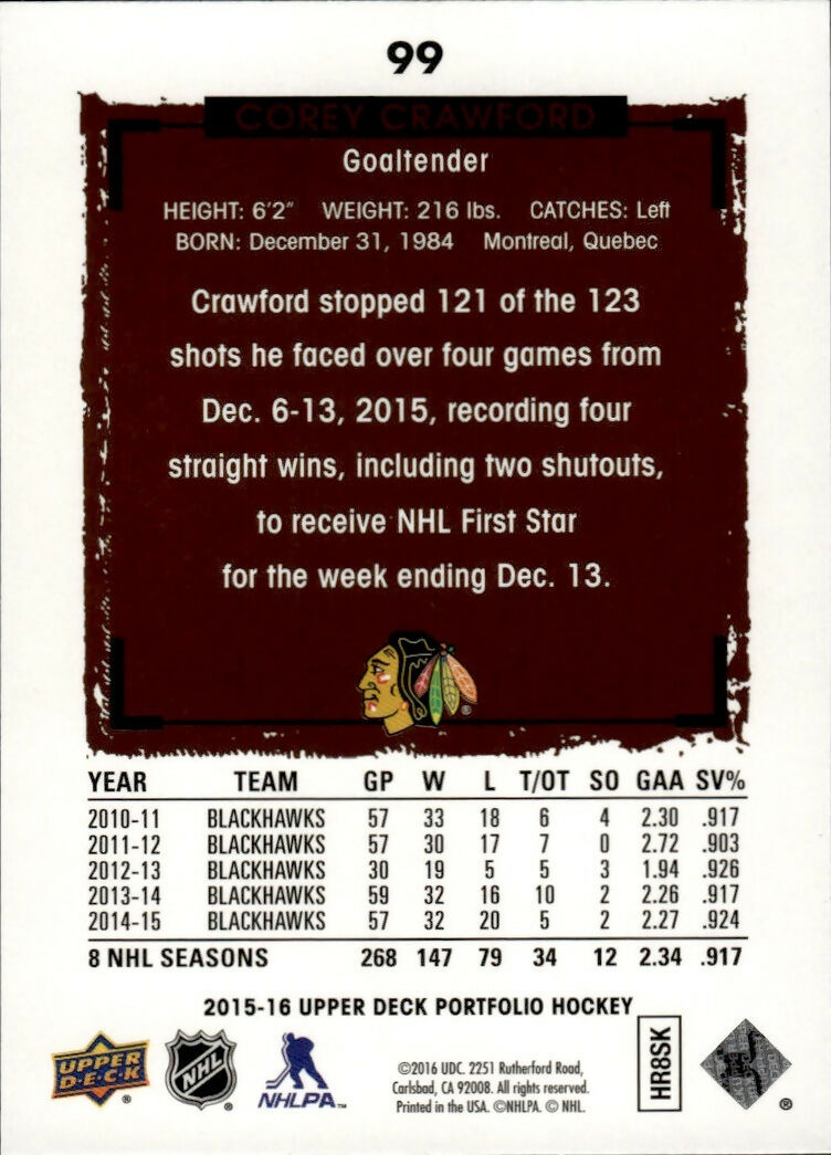 2015-16 Upper Deck Portfolio Hockey - Base #99 Corey Crawford - Chicago Blackhawks