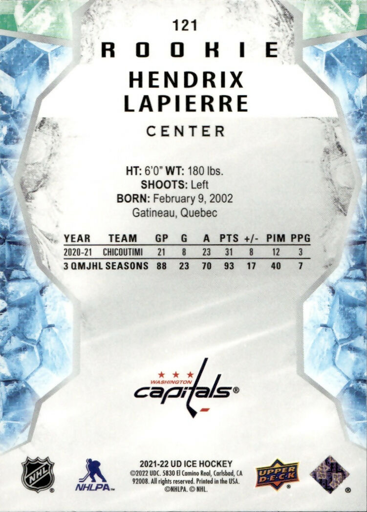 2021-22 Upper Deck Ice Hockey - Base - Rookie - Pink #121 Hendrix Lapierre - Washington Capitals - B