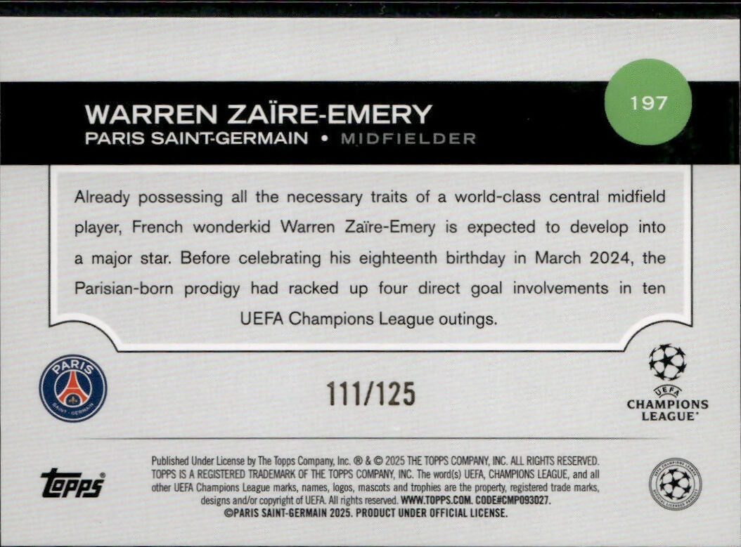 2024-25 Topps UEFA Club Competitions - Base - Blue Foilboard #197 Warren Zaire-Emery - Paris Saint-Germain - B