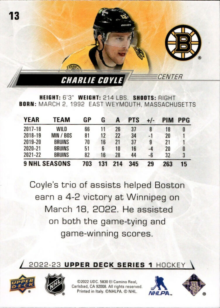 2022-23 Upper Deck Series 1 Hockey - Base #13 Charlie Coyle - Boston Bruins - B