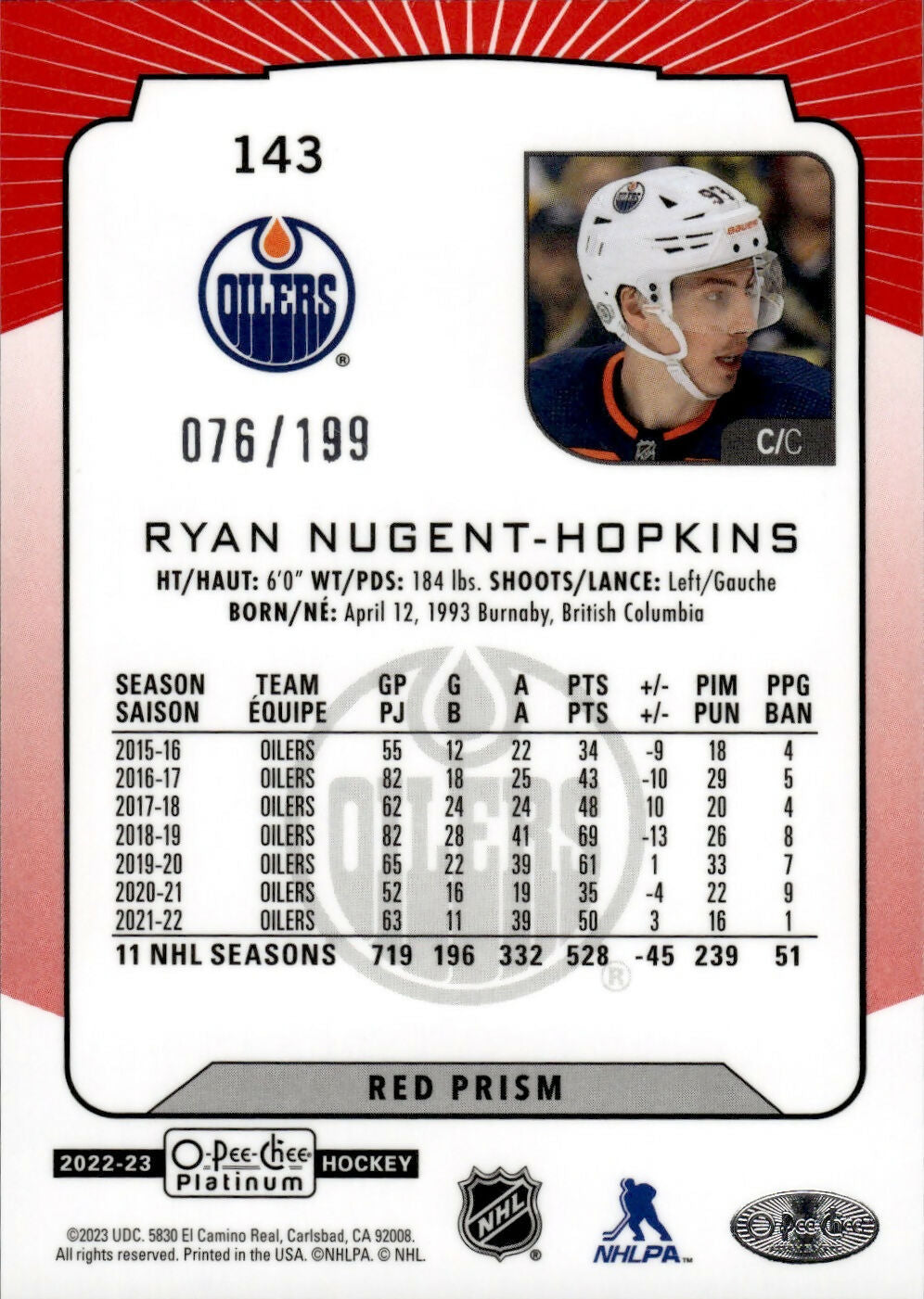 2022-23 Upper Deck O-Pee-Chee Platinum Hockey - Base - Red Prizm /199 #143 Ryan Nugent-Hopkins - Edmonton Oilers