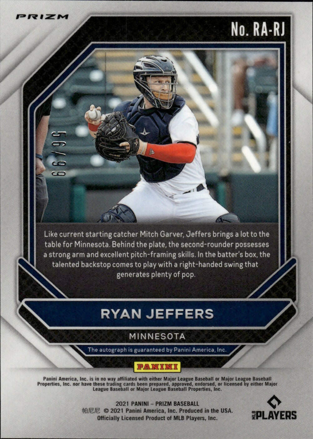 2021 Panini Prizm Baseball - Rookie Autographs - Red Prizm #RA-RJ Ryan Jeffers - Minnesota Twins - B