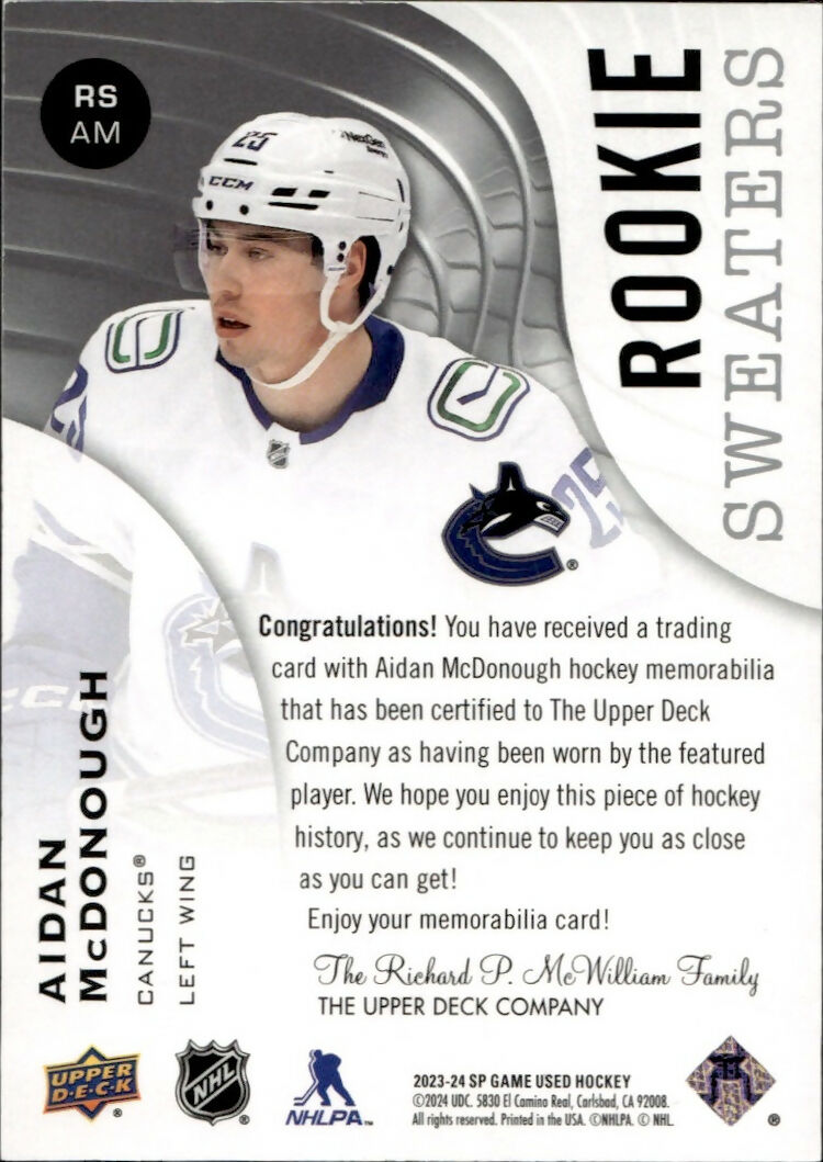 2023-24 Upper Deck SP Game Used Hockey - Rookie Sweaters #RS-AM Aidan McDonough - Vancouver Canucks - B