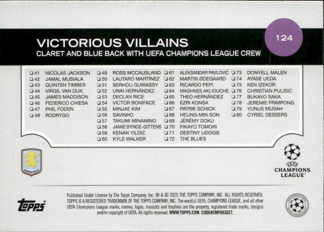 2024-25 Topps UEFA Club Competitions - Base #124 Aston Villa - Victorious Villains - B