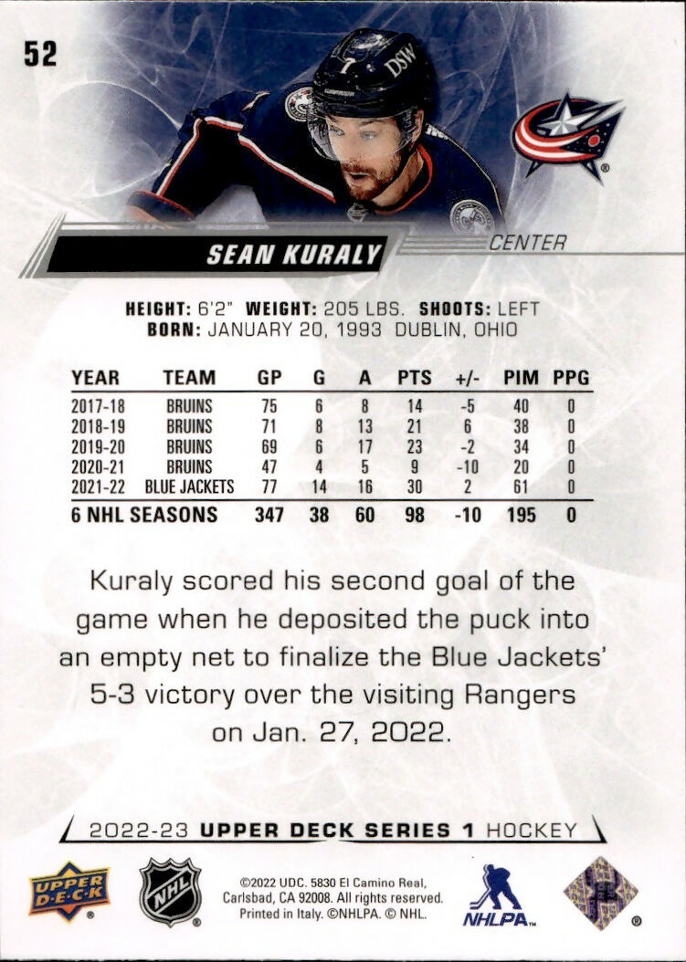 2022-23 Upper Deck Series 1 Hockey - Base #52 Sean Kuraly - Colorado Avalanche - B