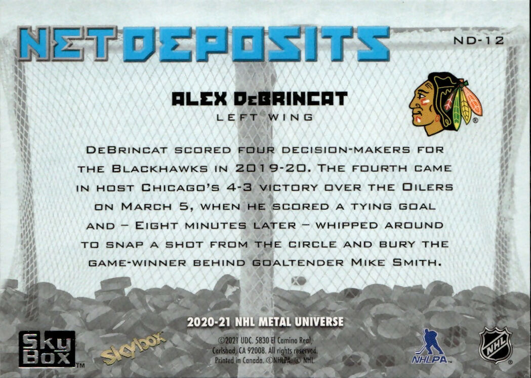 2020-21 Upper Deck Skybox Metal Universe - Net Deposits #ND-12 Alex DeBrincat - Chicago Blackhawks - B