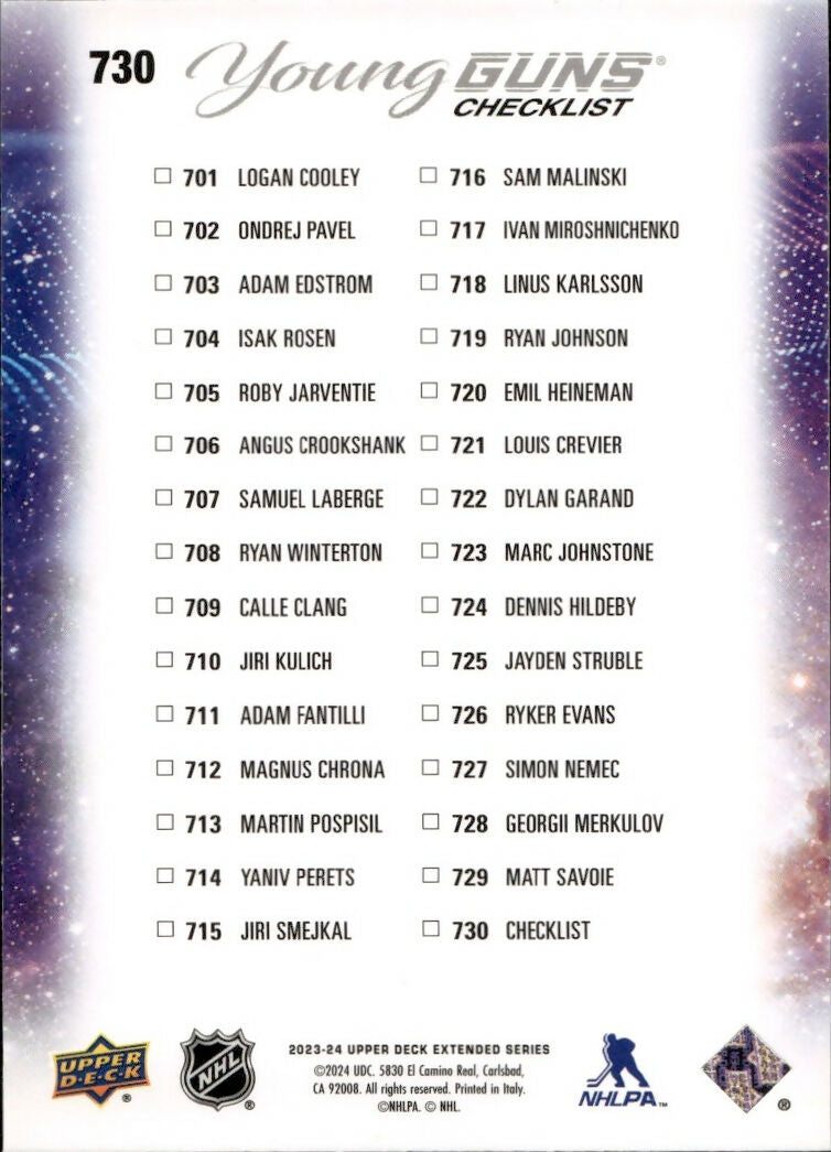 2023-24 Upper Deck Extended Series Hockey - Base - Young Guns #730 Checklist - Adam Fantilli:Logan Cooley - B