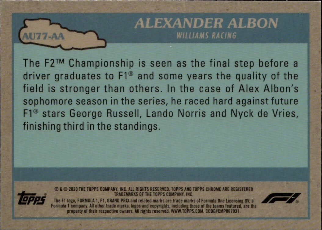 2023 Topps Chrome Formula 1 Autos of 1977 #AU77-AA Alexander Albon - Williams Racing - B