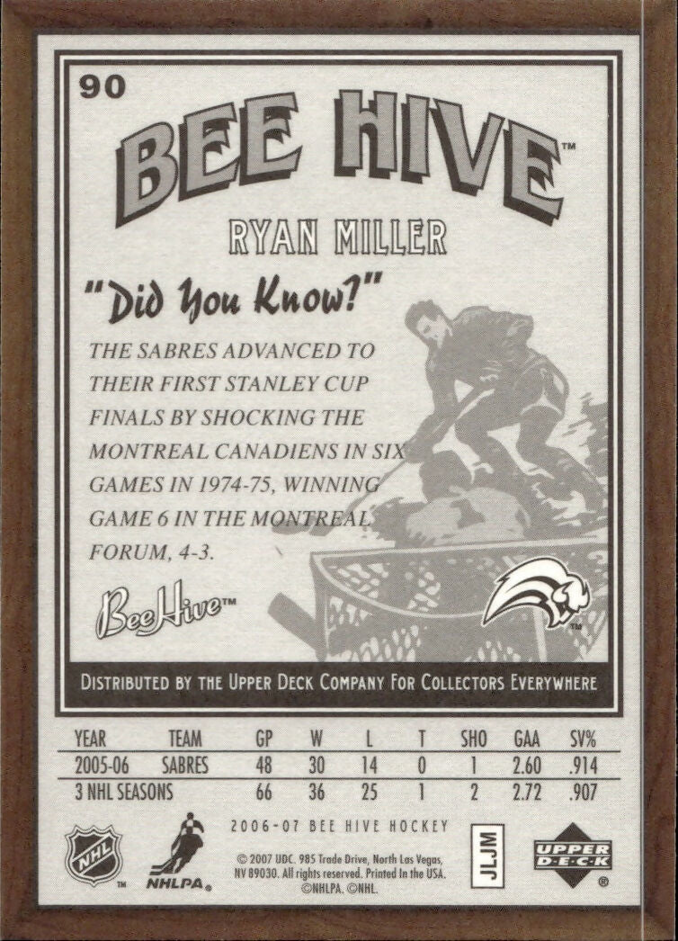 2006-07 Upper Deck - Bee Hive Hockey - Base #90 Ryan Miller - Buffalo Sabres - B