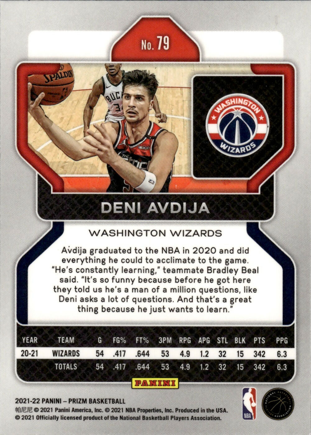 2021-22 Panini Prizm Basketball - Base # 79 Deni Avdija - Washington Wizards