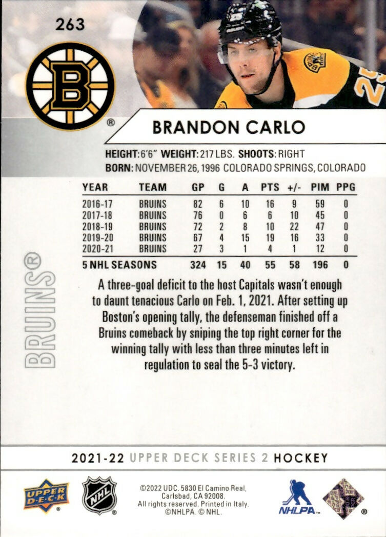 2021-22 Upper Deck Series 2 Hockey - Base #263 Brandon Carlo - Boston Bruins - B