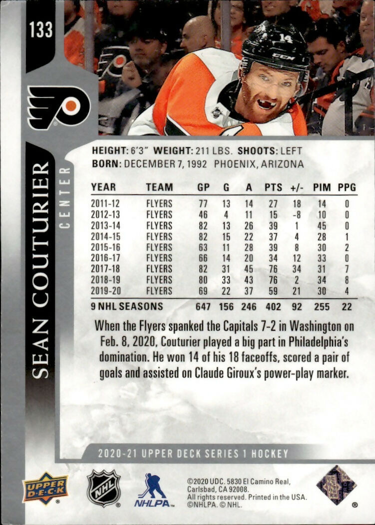 2020-21 Upper Deck Series 1 Hockey #133 Sean Couturier - Philadelphia Flyers