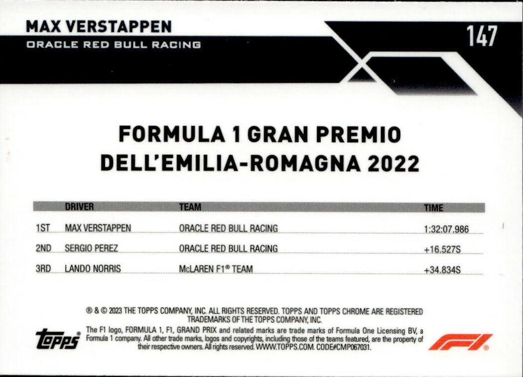 2023 Topps Chrome Formula 1 Base #147 - Grand Prix Winners Max Verstappen - Oracle Red Bull Racing - B