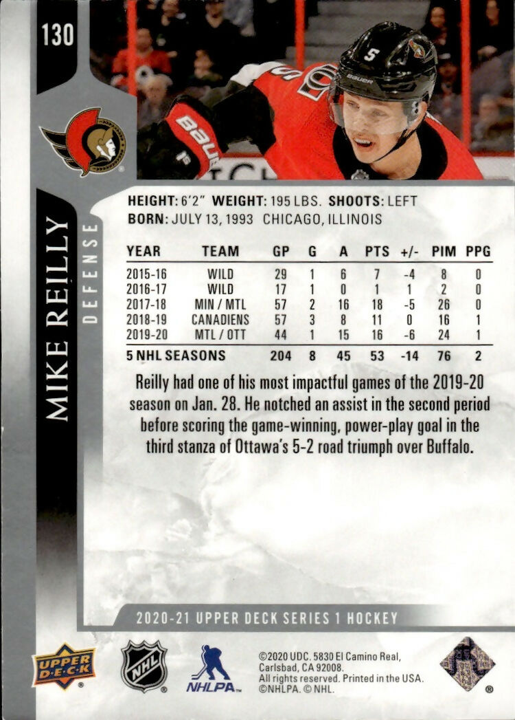 2020-21 Upper Deck Series 1 Hockey #130 Mike Reilly - Ottawa Senators