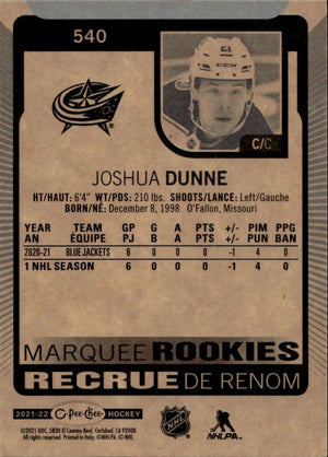 2021-22 Upper Deck O-Pee-Chee Hockey - Base - Marquee Rookie #540 Joshua Dunne - Columbus Blue Jackets - B