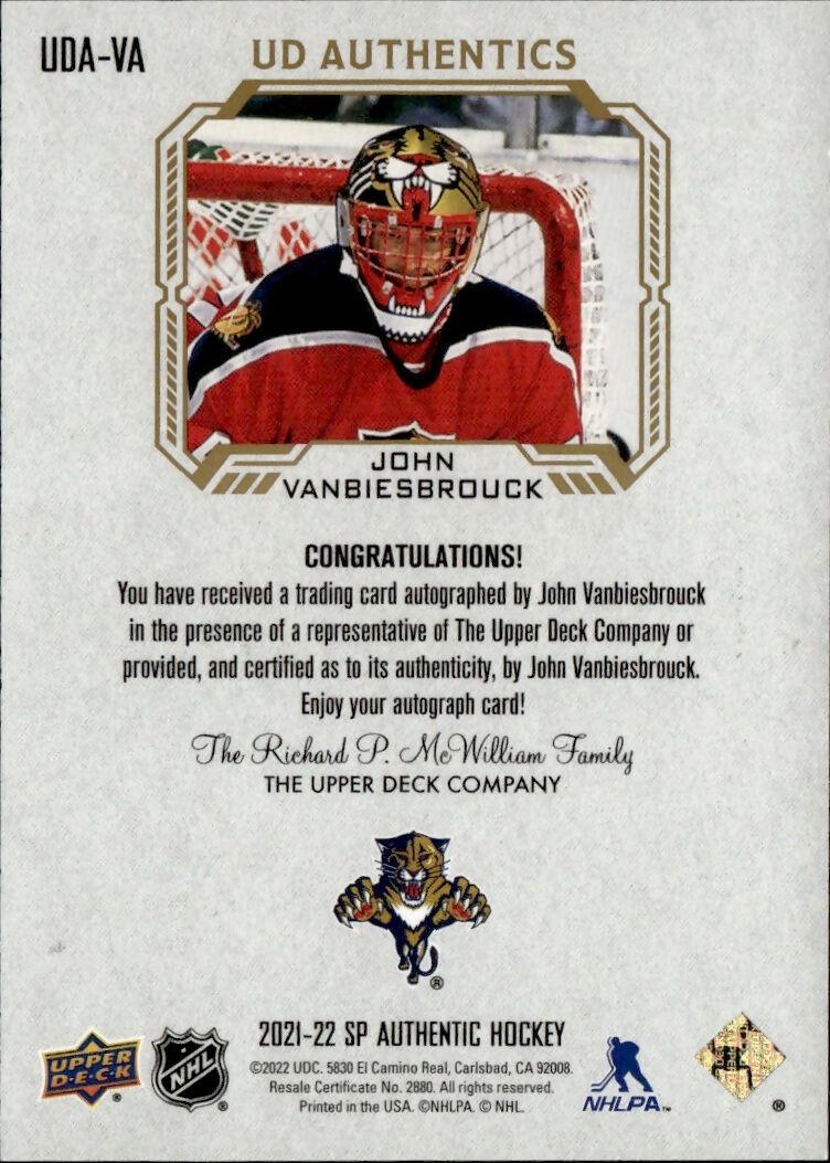 2021-22 Upper Deck SP Authentic Hockey - SP Authentic Update #UDA-VA John Vanbiesbrouck - Florida Panthers - B