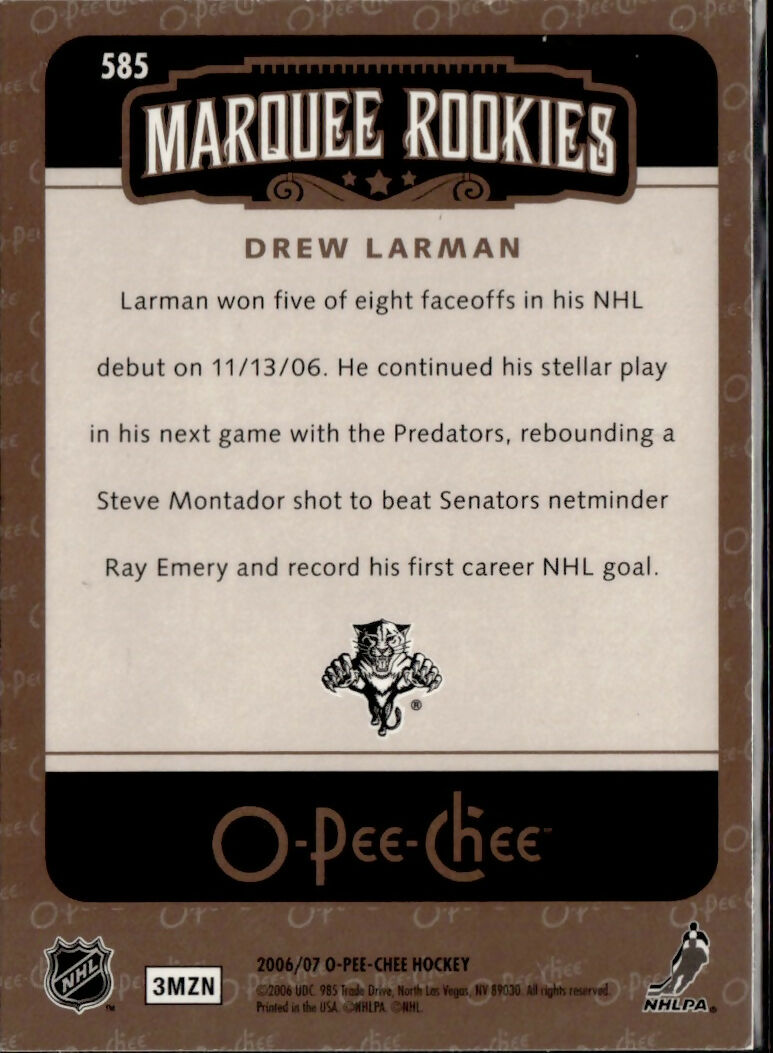 2006-07 O-Pee-Chee - Base - Marquee Rookies #585 Drew Larman - Florida Panthers - B