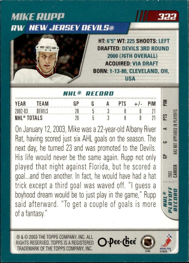 2003-04 O-Pee-Chee - Base #322 Mike Rupp - New Jersey Devils - B