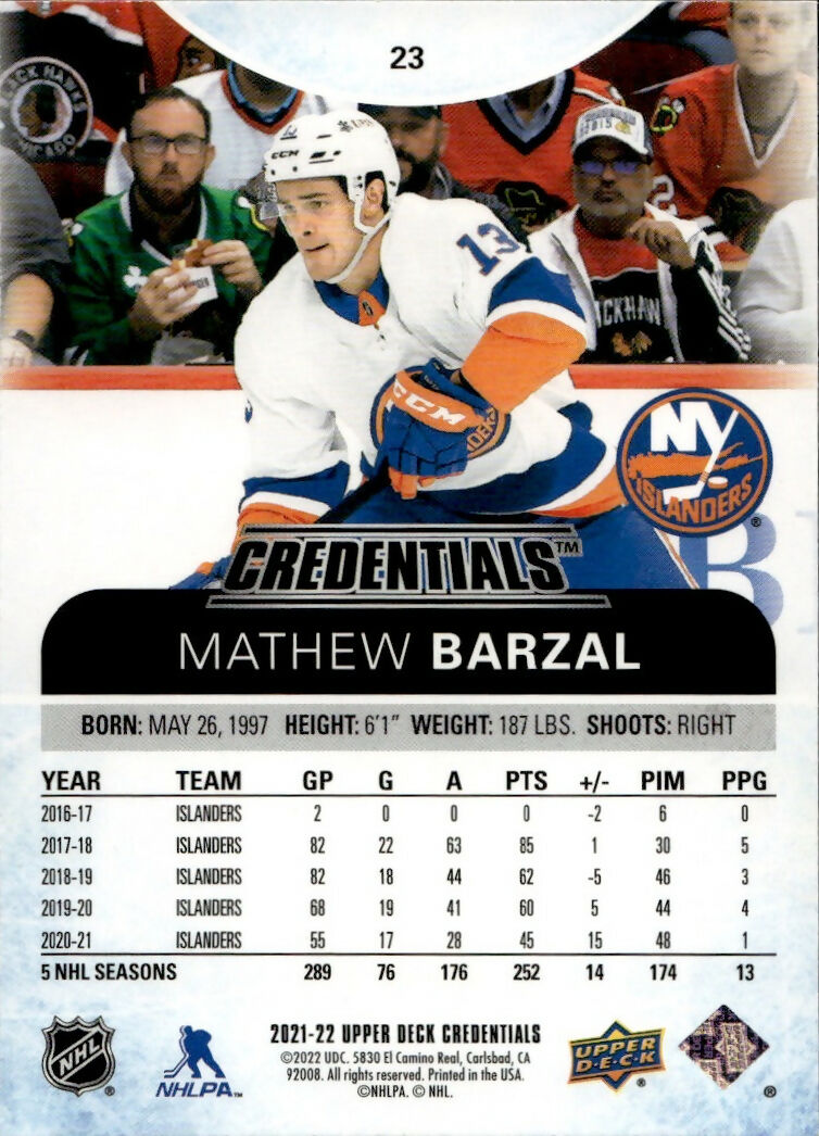 2021-22 Upper Deck Credentials Hockey - Base #23 Mathew Barzal - New York Islanders - B