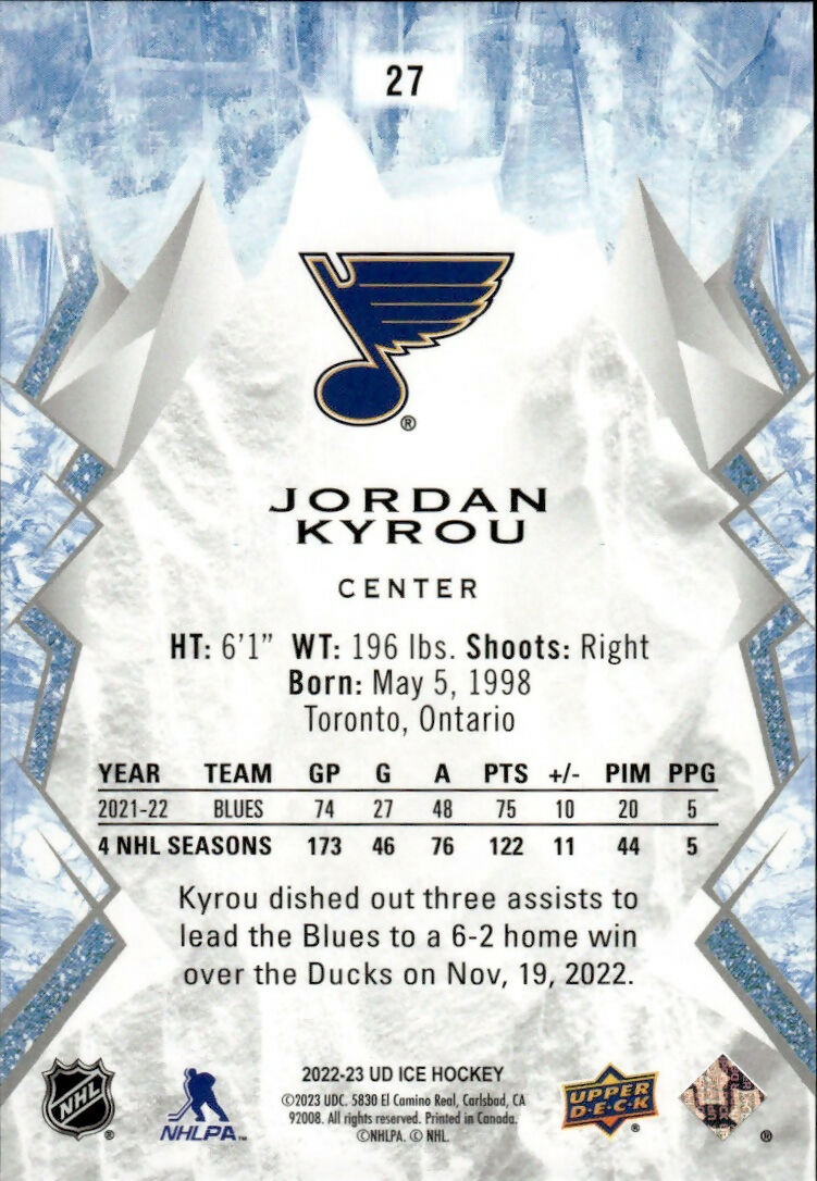 2022-23 Upper Deck Ice Hockey - Base #27 Jordan Kyrou - St. Louis Blues