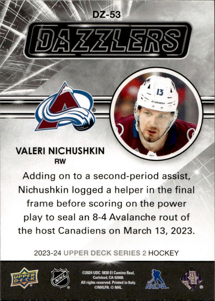 2023-24 Upper Deck Series 2 Hockey - Dazzlers - Blue #DZ-53 Valeri Nichushkin - Colorado Avalanche - B