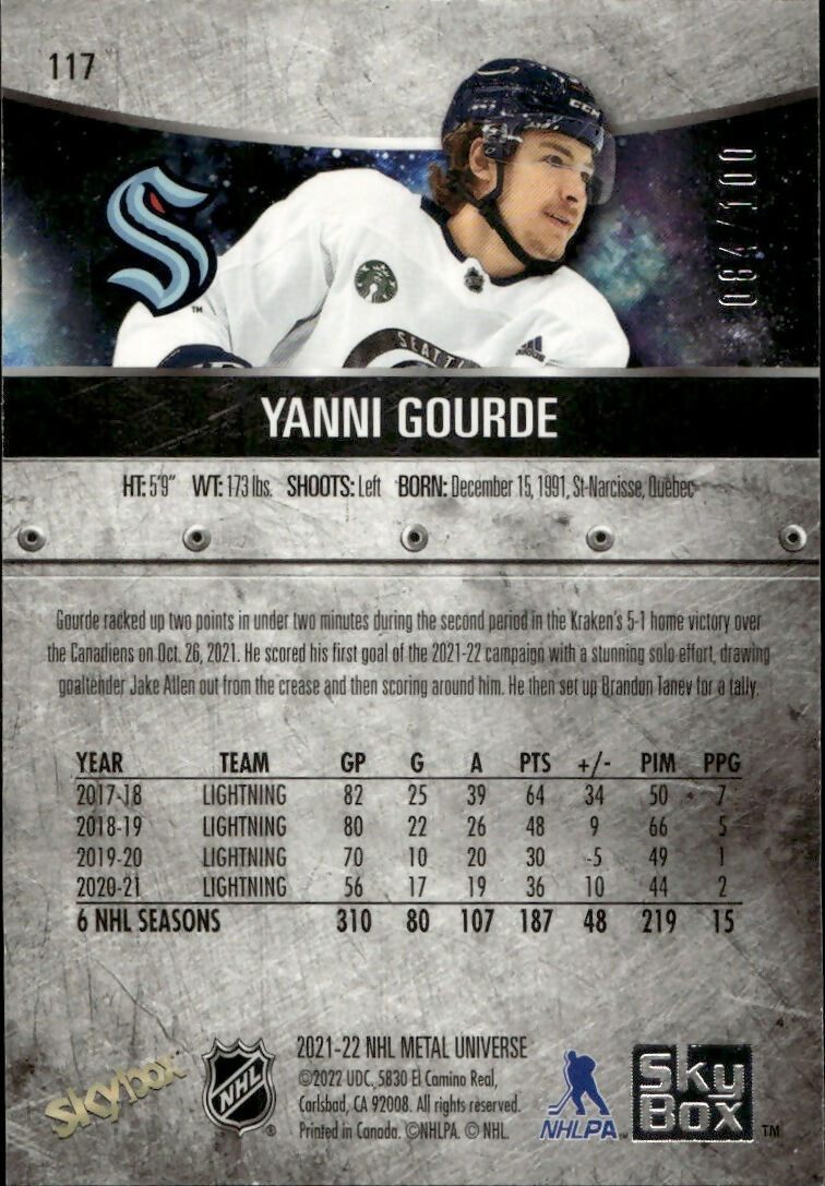 2021-22 Upper Deck Skybox Metal Universe Hockey - Base - Precious Metal Gems :100 #117 Yanni Gourde - Seattle Kraken - B