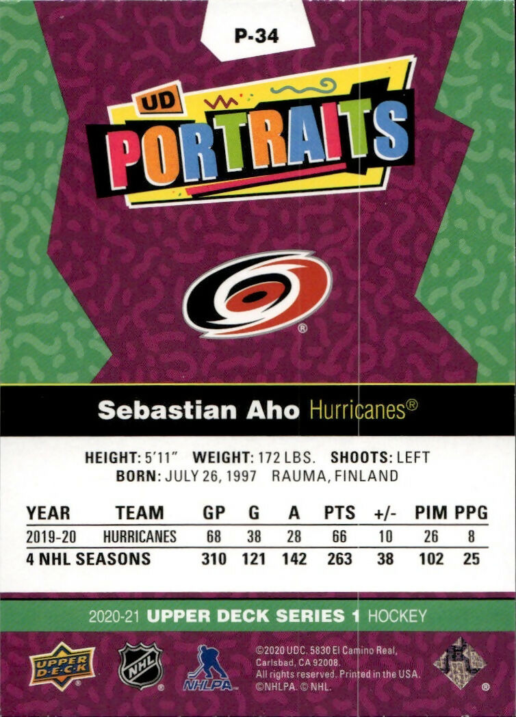 2020-21 Upper Deck Series 1 Hockey - UD Portraits #P-34 Sebastian Aho - Carolina Hurricanes