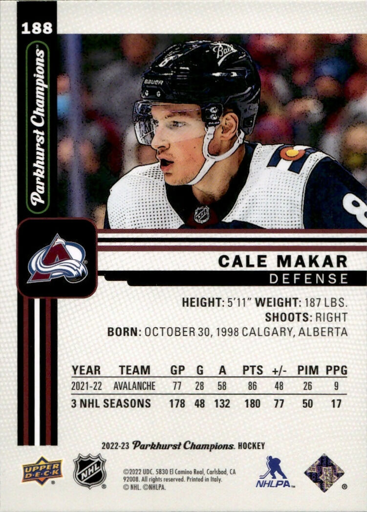 2022-23 Upper Deck Parkhurst Champions - Base #188 Cale Makar - Colorado Avalanche - B
