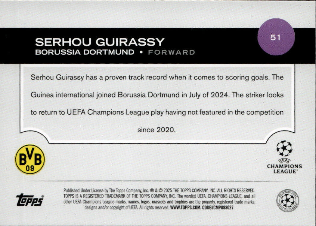 2024-25 Topps UEFA Club Competitions - Base #51 Serhou Guirassy - Borussia Dortmund - B