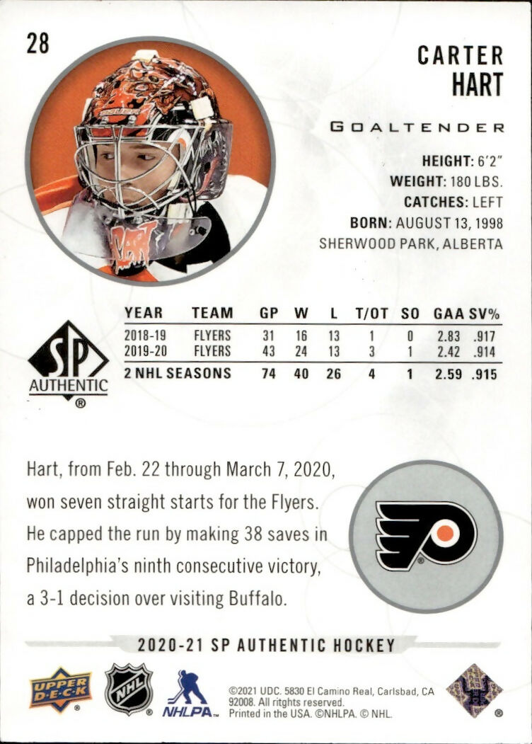 2020-21 Upper Deck Sp Authentic Hockey - Base #28 Carter Hart - Philadelphia Flyers - B