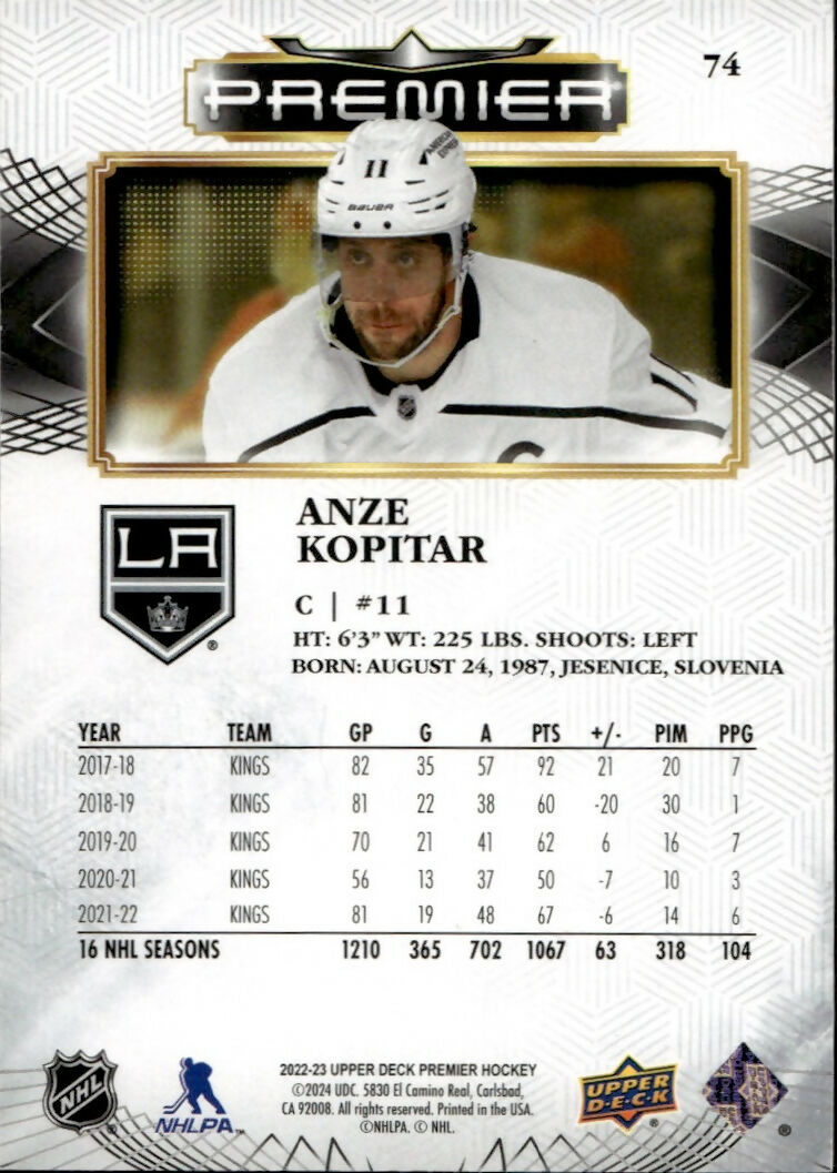 2022-23 Upper Deck Premier Hockey - Base #74 Anze Kopitar - Los Angeles Kings - B
