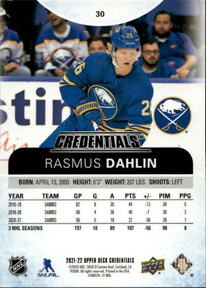 2021-22 Upper Deck Credentials - Base - Gold :5 #39 Rasmus Dahlin - Buffalo Sabres - B