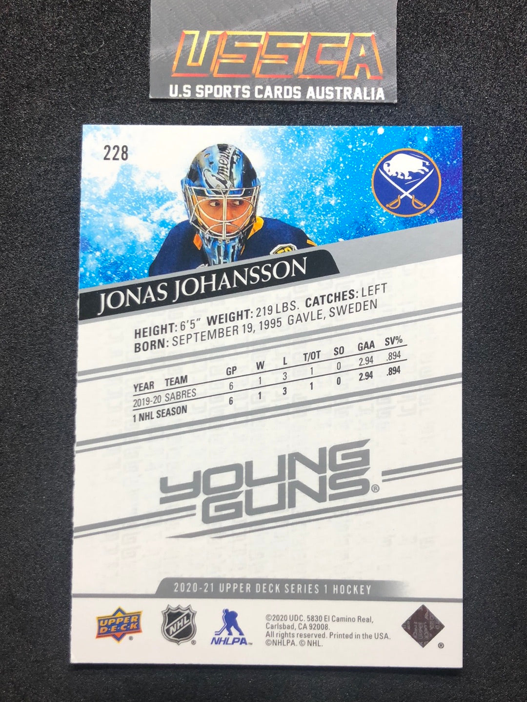 2020-21 Upper Deck Series 1  Young Guns #228 Jonas Johansson - Buffalo Sabres