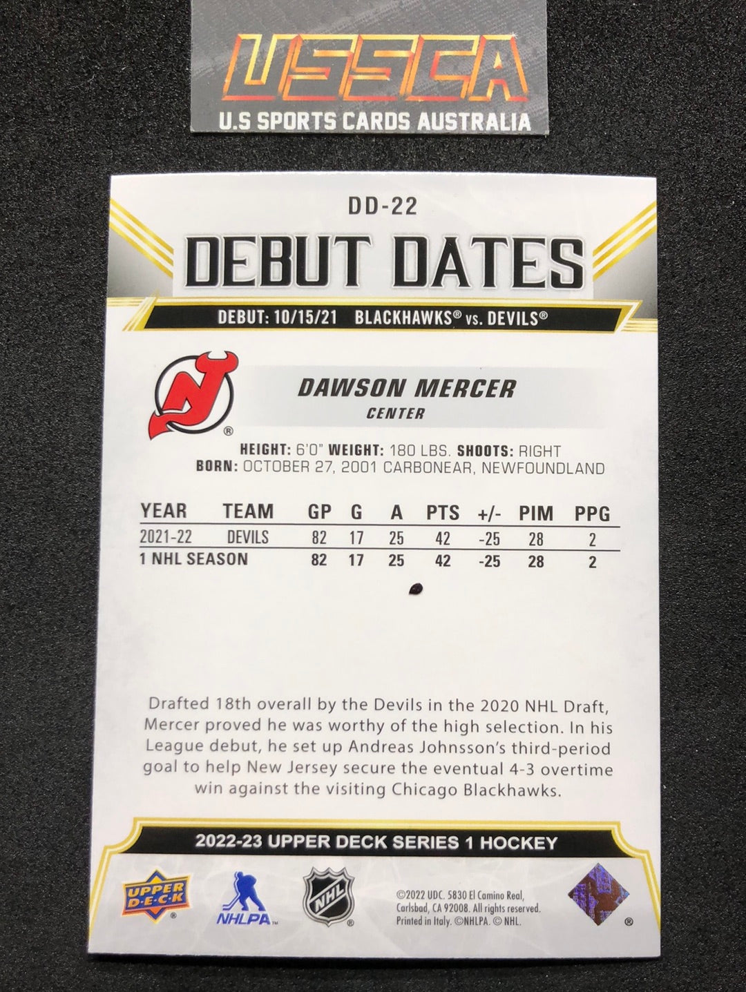 2022-23 Upper Deck Series 1 Hockey #DD-22 Debut Dates - Dawson Mercer - New Jersey Devils