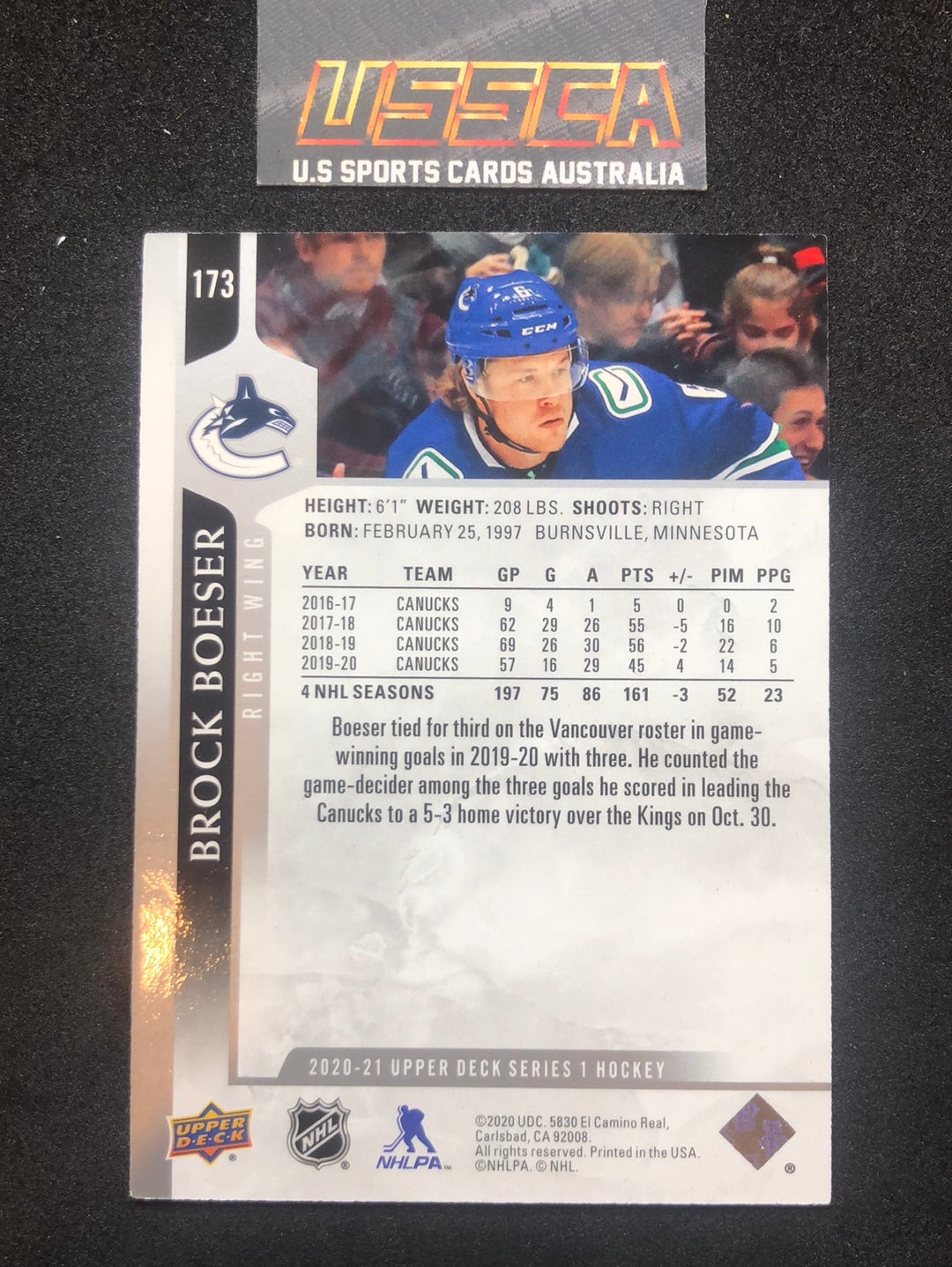 2020-21 Upper Deck Series 1 - Base #173 - Brock Boeser - Vancouver Canucks