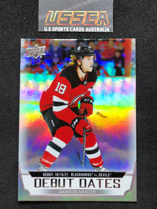 2022-23 Upper Deck Series 1 Hockey #DD-22 Debut Dates - Dawson Mercer - New Jersey Devils